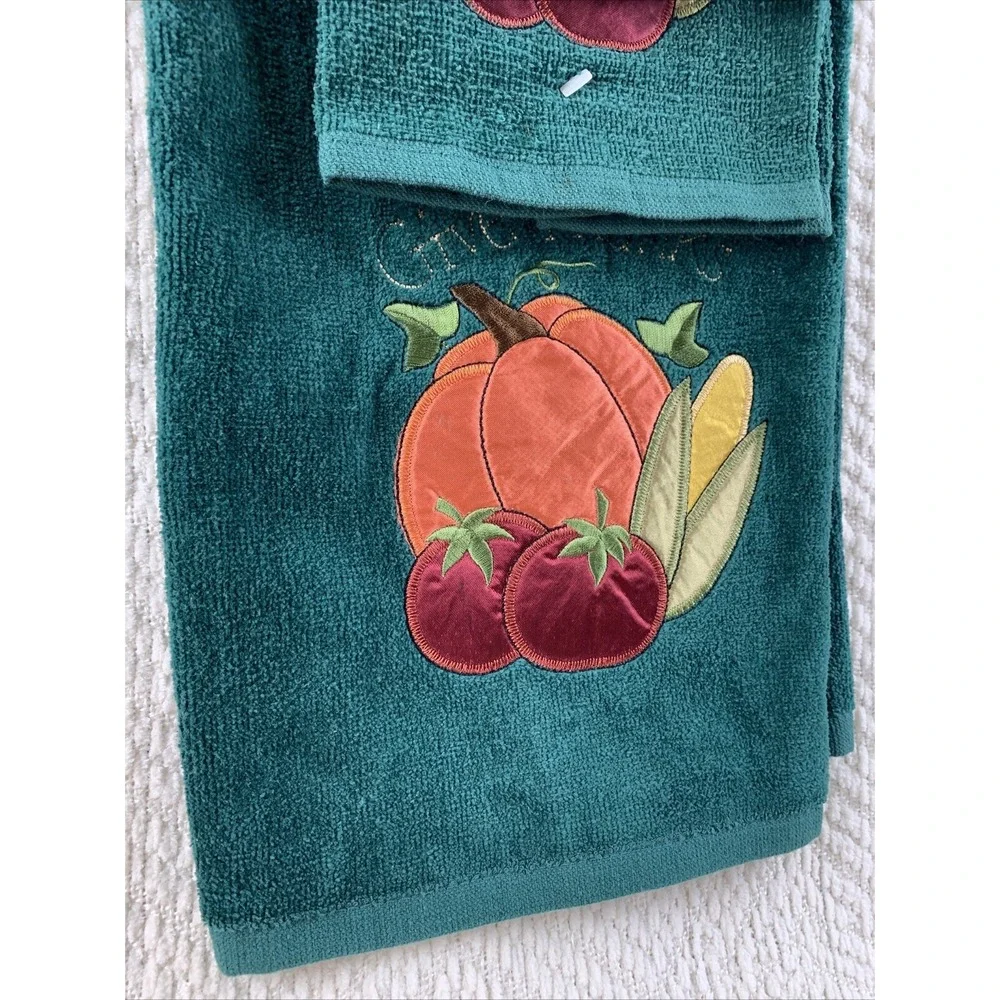 Thanksgiving Decorator Green Bath Room Hand Towels Set Fall Pumpkin Embroidered‎